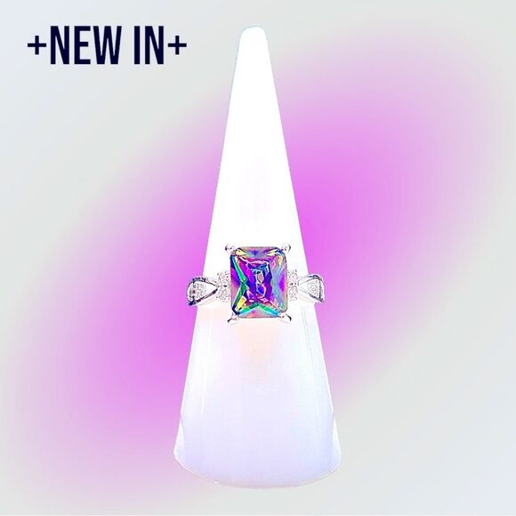 New Exclusively Fancy Mystic Rainbow .925 Sterling Silver Cushion Cut Ring w CZ - Picture 1 of 7